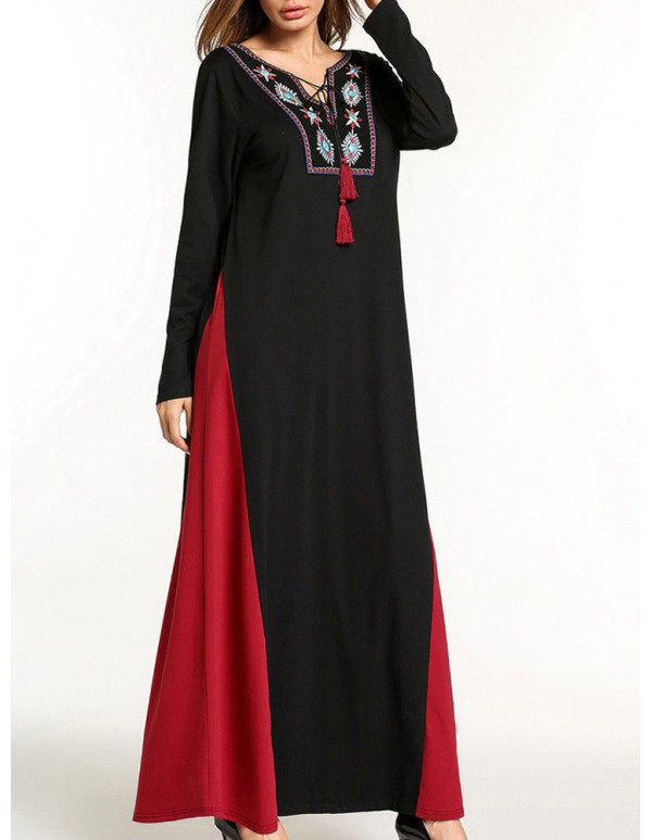 Ethnic Women Embroidery V-Neck Lace Up Long Sleeve Maxi Dress