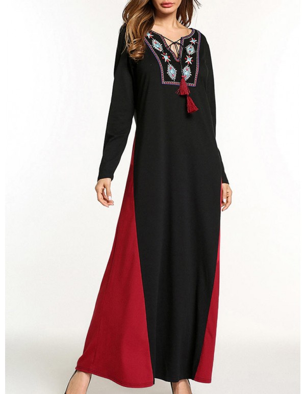 Ethnic Women Embroidery V-Neck Lace Up Long Sleeve Maxi Dress