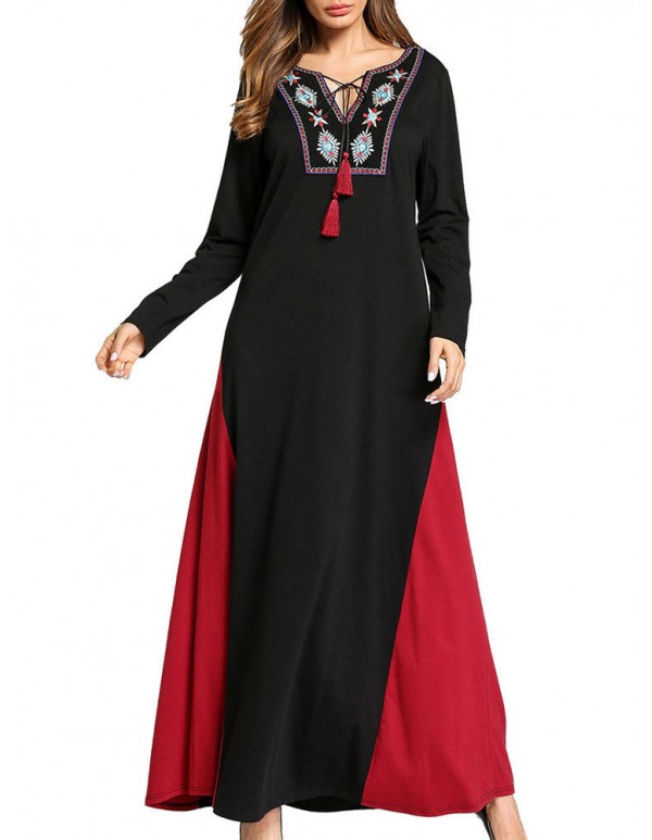 Ethnic Women Embroidery V-Neck Lace Up Long Sleeve Maxi Dress