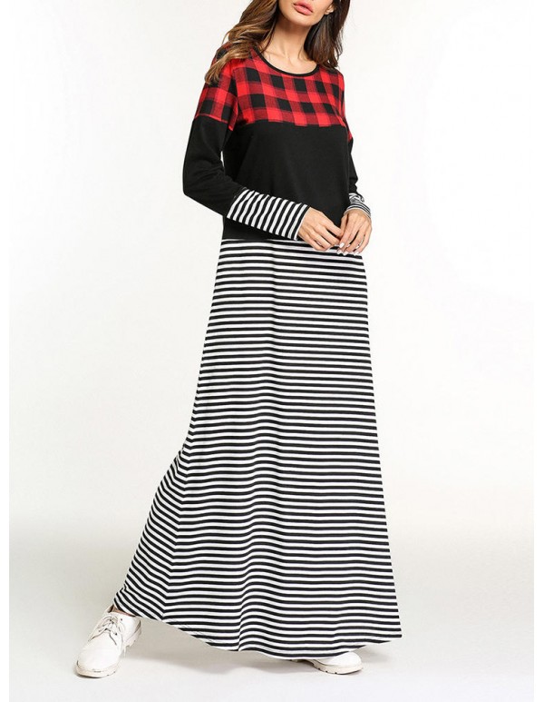 Casual Slim Women O-Neck Plaid Stripe Patchwork Maxi Dress