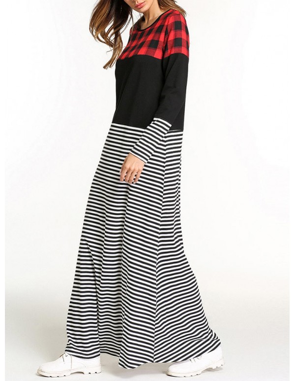 Casual Slim Women O-Neck Plaid Stripe Patchwork Maxi Dress