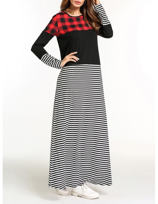 Casual Slim Women O-Neck Plaid Stripe Patchwork Maxi Dress