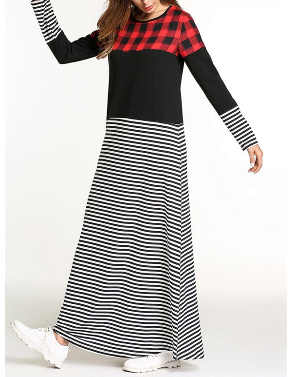 Casual Slim Women O-Neck Plaid Stripe Patchwork Maxi Dress