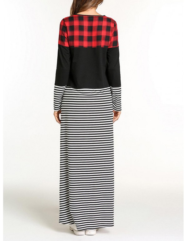 Casual Slim Women O-Neck Plaid Stripe Patchwork Maxi Dress