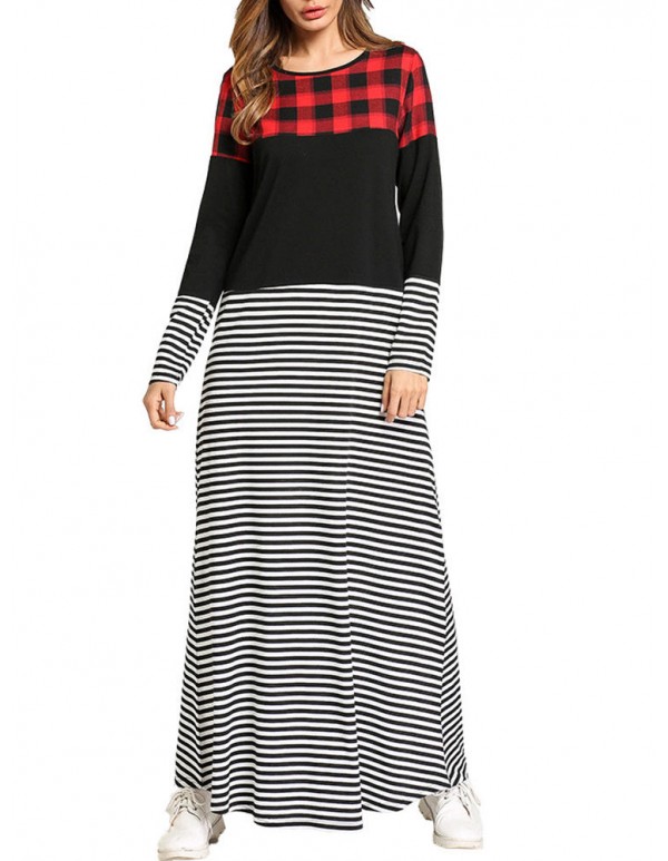 Casual Slim Women O-Neck Plaid Stripe Patchwork Maxi Dress