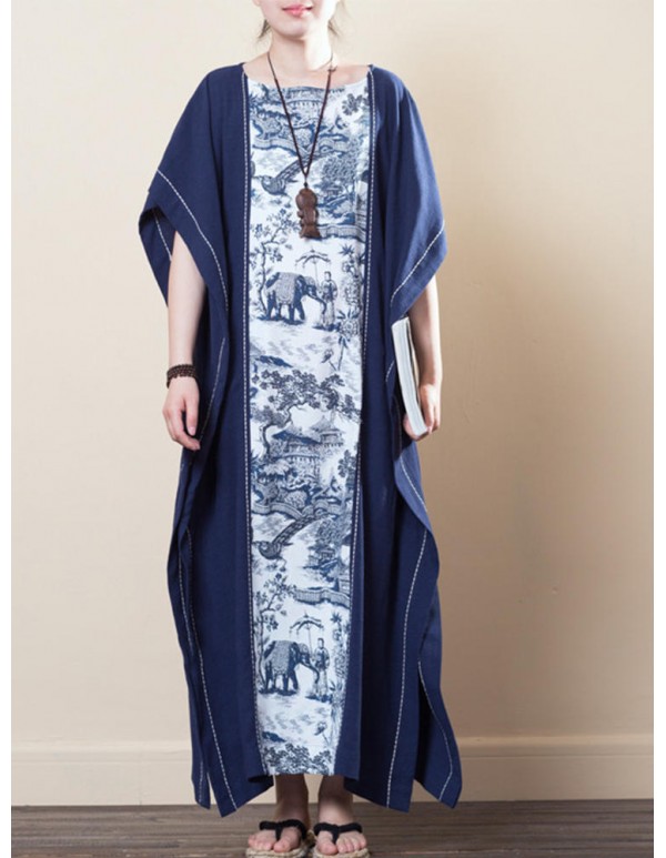 Vintage Women Half Sleeve Printed Patchwork Maxi Dress