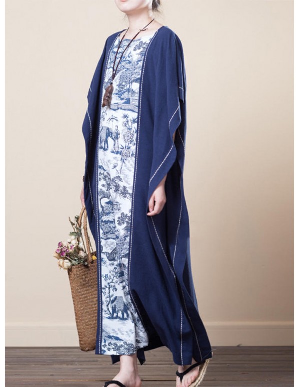 Vintage Women Half Sleeve Printed Patchwork Maxi Dress