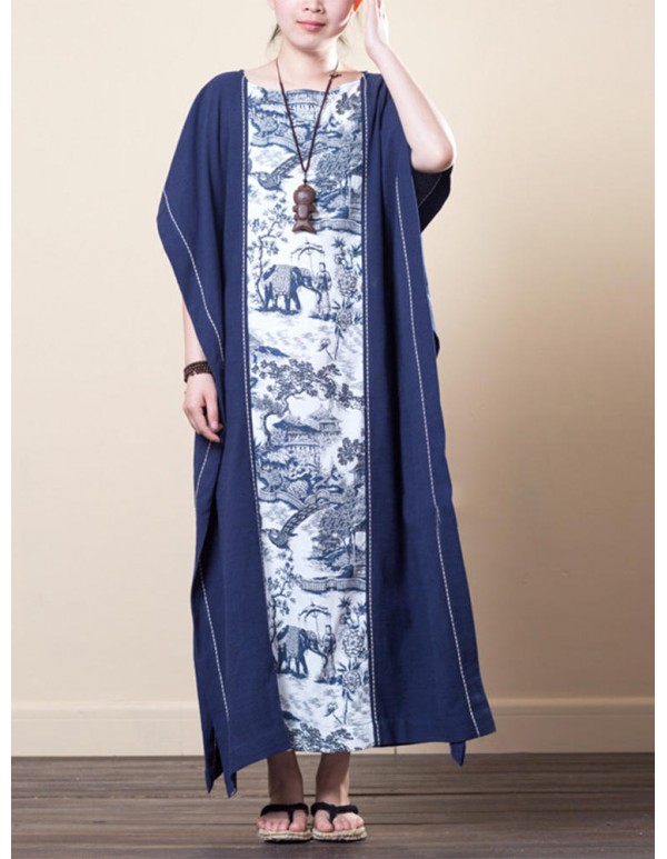 Vintage Women Half Sleeve Printed Patchwork Maxi Dress