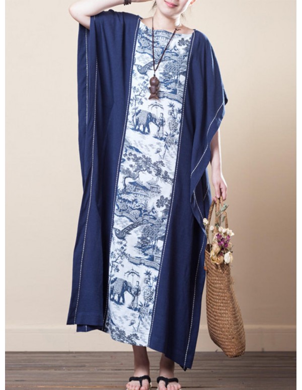 Vintage Women Half Sleeve Printed Patchwork Maxi Dress