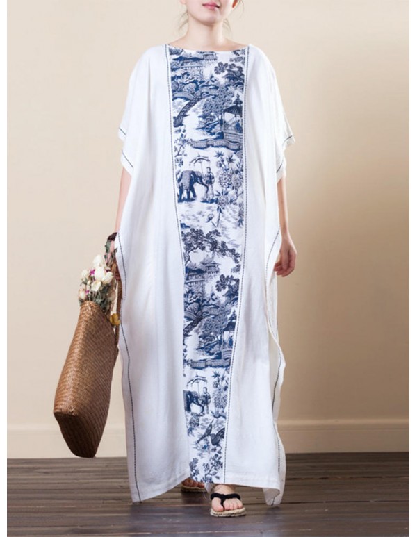 Vintage Women Half Sleeve Printed Patchwork Maxi Dress