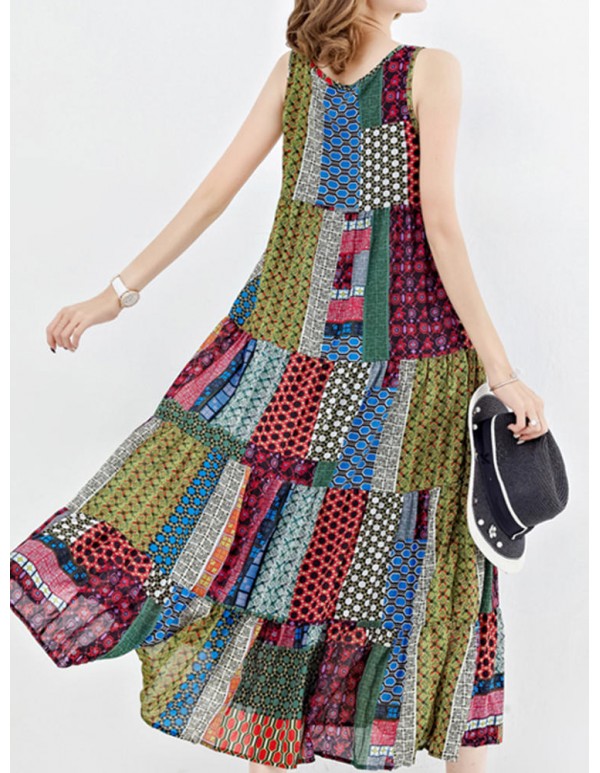 Women Bohemian Sleeveless Patchwork O-Neck Maxi Tank Dress