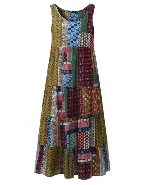 Women Bohemian Sleeveless Patchwork O-Neck Maxi Tank Dress