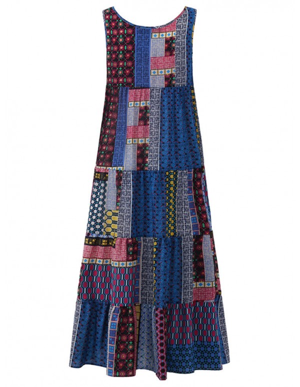 Women Bohemian Sleeveless Patchwork O-Neck Maxi Tank Dress