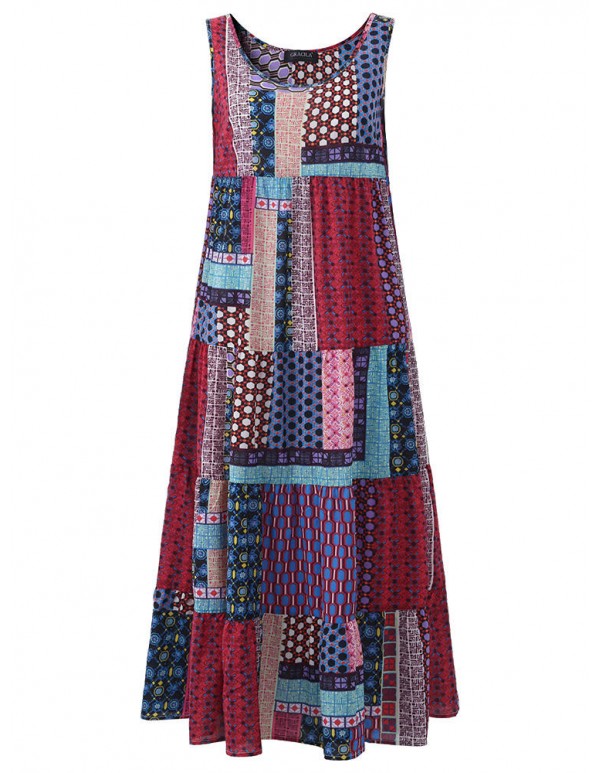 Women Bohemian Sleeveless Patchwork O-Neck Maxi Tank Dress