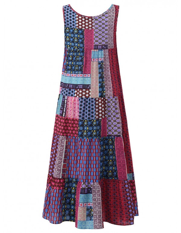 Women Bohemian Sleeveless Patchwork O-Neck Maxi Tank Dress