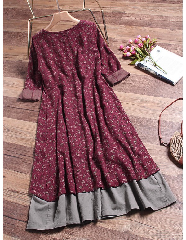 M-5XL Floral Printed Layered Long Sleeve Vintage Dress