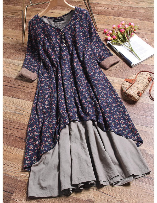 M-5XL Floral Printed Layered Long Sleeve Vintage Dress