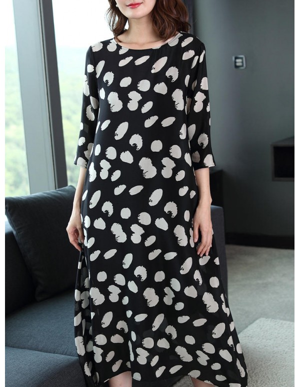 Summer Women Loose O-Neck Polka Dot 3/4 Sleeve Dress