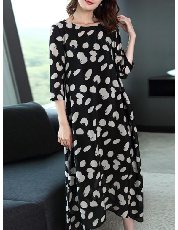 Summer Women Loose O-Neck Polka Dot 3/4 Sleeve Dress