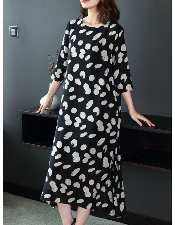 Summer Women Loose O-Neck Polka Dot 3/4 Sleeve Dress