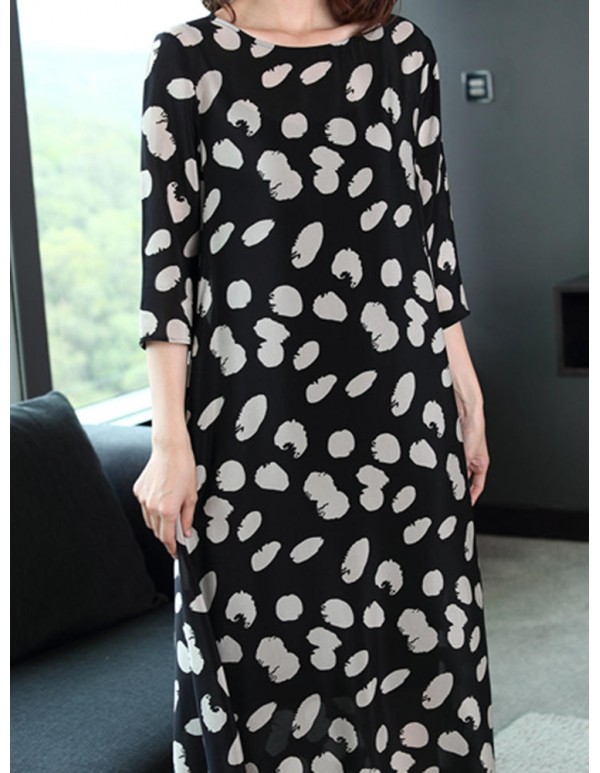 Summer Women Loose O-Neck Polka Dot 3/4 Sleeve Dress