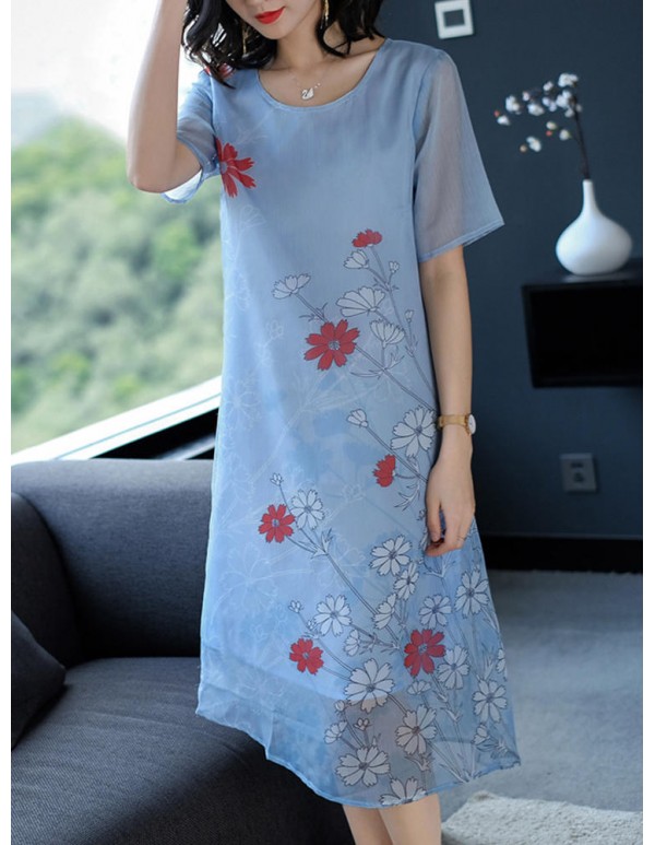 Women Casual Floral Print Short Sleeve O-neck Dress