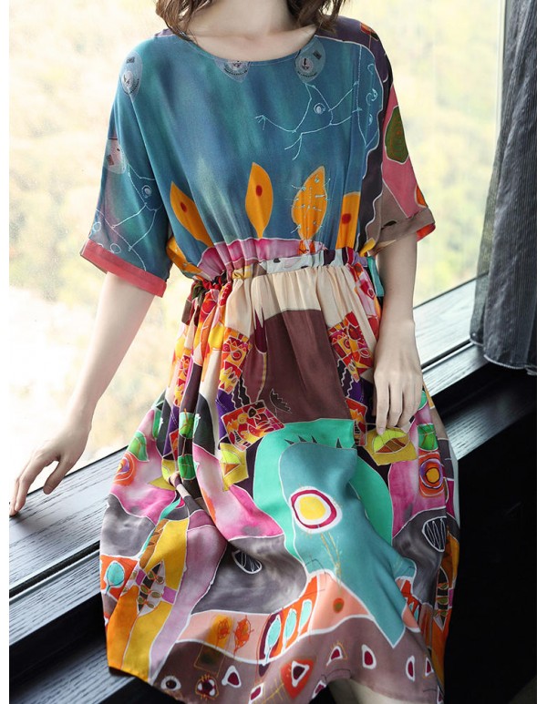 Women Casual Print Short Sleeve O-Neck Dress