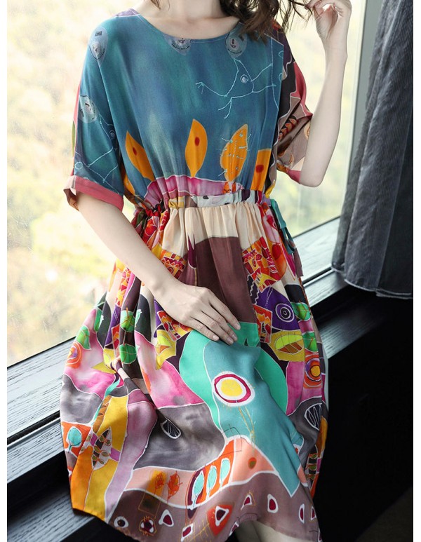 Women Casual Print Short Sleeve O-Neck Dress