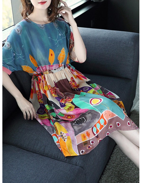 Women Casual Print Short Sleeve O-Neck Dress