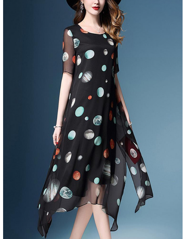 Chiffon Polka Dot Short Sleeve Loose O-neck Irregular Hem Dress