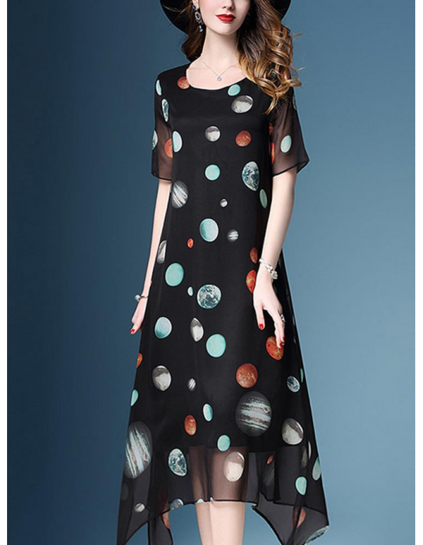 Chiffon Polka Dot Short Sleeve Loose O-neck Irregular Hem Dress