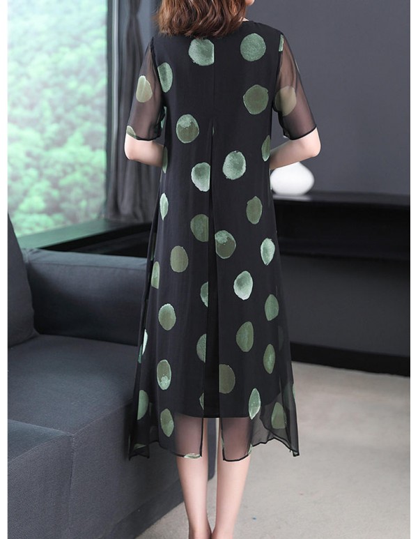 Brief Polka Dot Print Loose O-neck Short Sleeve Dress