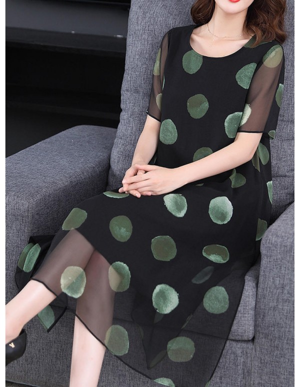 Brief Polka Dot Print Loose O-neck Short Sleeve Dress