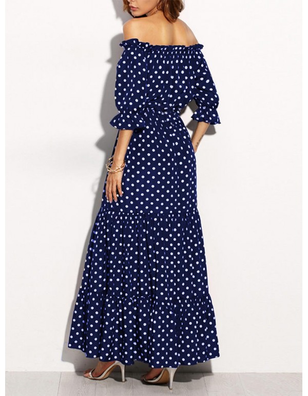 Women Loose Off Shoulder Polka Dot Half Sleeve Dress