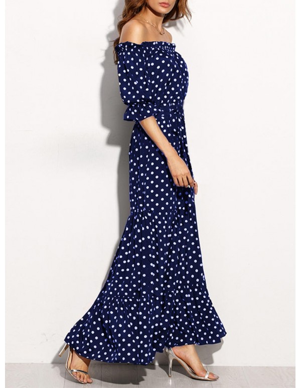 Women Loose Off Shoulder Polka Dot Half Sleeve Dress