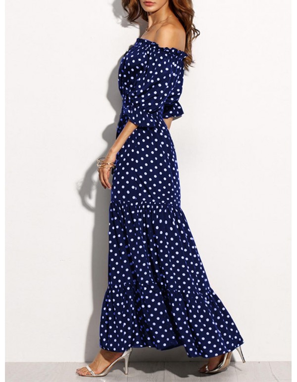 Women Loose Off Shoulder Polka Dot Half Sleeve Dress