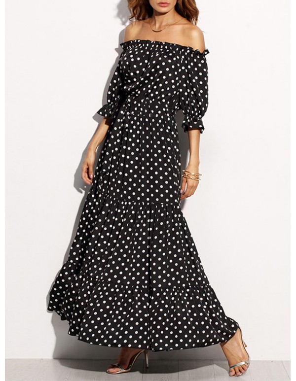 Women Loose Off Shoulder Polka Dot Half Sleeve Dress