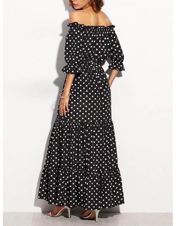 Women Loose Off Shoulder Polka Dot Half Sleeve Dress