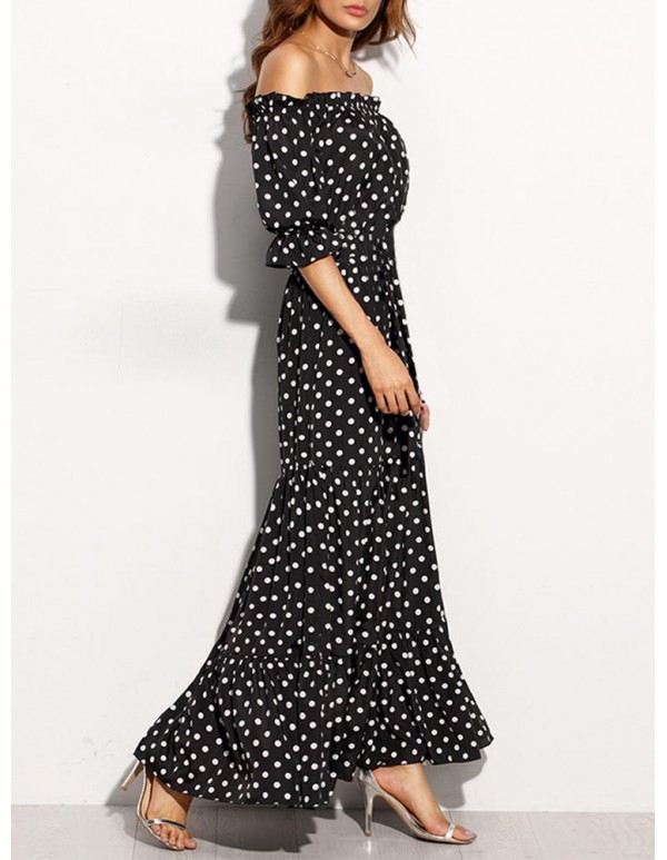 Women Loose Off Shoulder Polka Dot Half Sleeve Dress