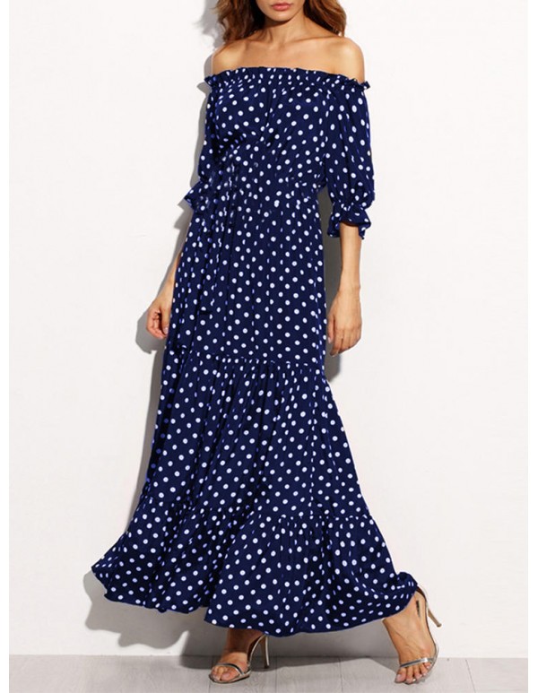 Women Loose Off Shoulder Polka Dot Half Sleeve Dress