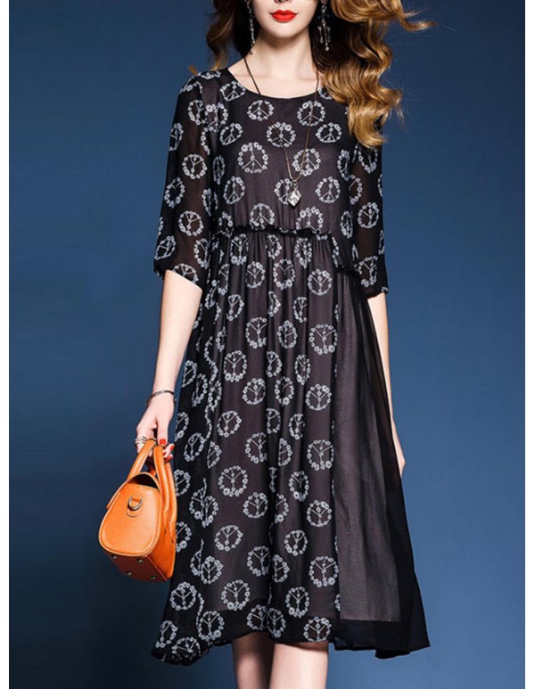 Casual Women Floral Printed Patchwork O-Neck Chiffon Black Dress