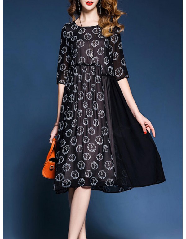 Casual Women Floral Printed Patchwork O-Neck Chiffon Black Dress