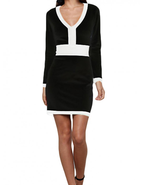 Women V-Neck Back Zipper Patchwork Long Sleeve Dress