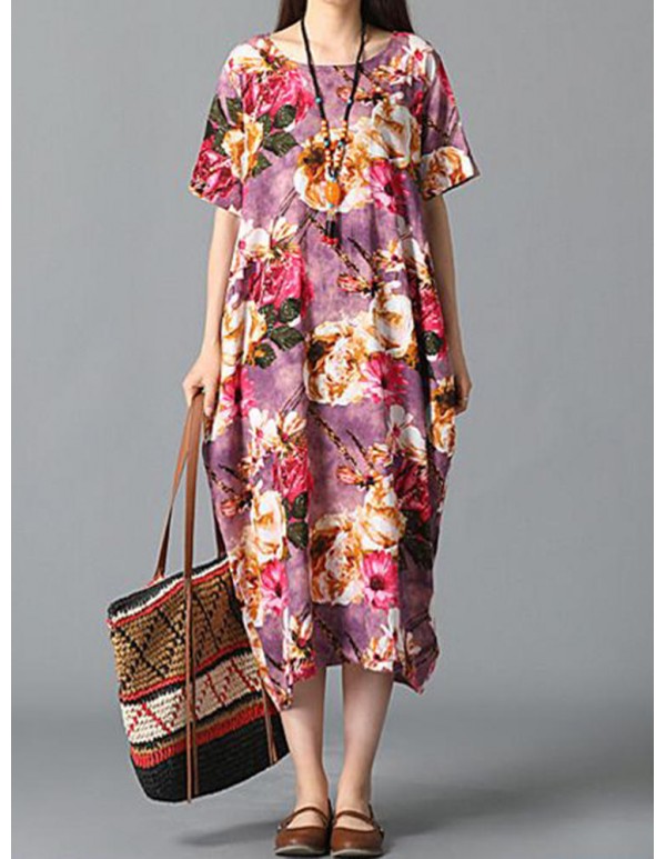 Vintage Women Loose Cotton Linen Floral Printed Dress with Pocket