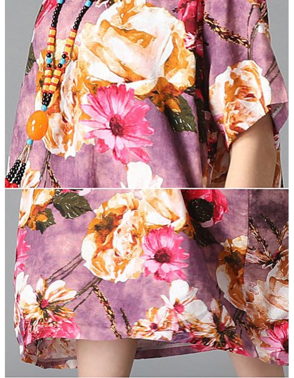 Vintage Women Loose Cotton Linen Floral Printed Dress with Pocket