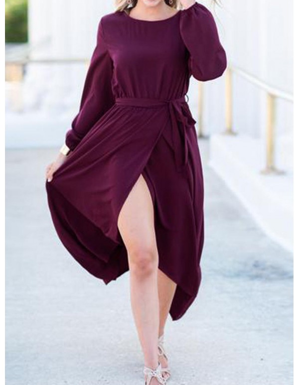 Elegant Women High Split Front Cross Irregular Hem Long Sleeve Dress with Belt