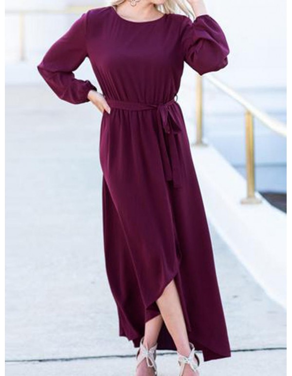 Elegant Women High Split Front Cross Irregular Hem Long Sleeve Dress with Belt