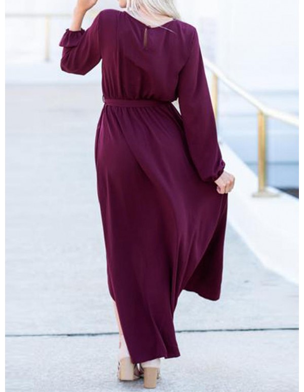 Elegant Women High Split Front Cross Irregular Hem Long Sleeve Dress with Belt