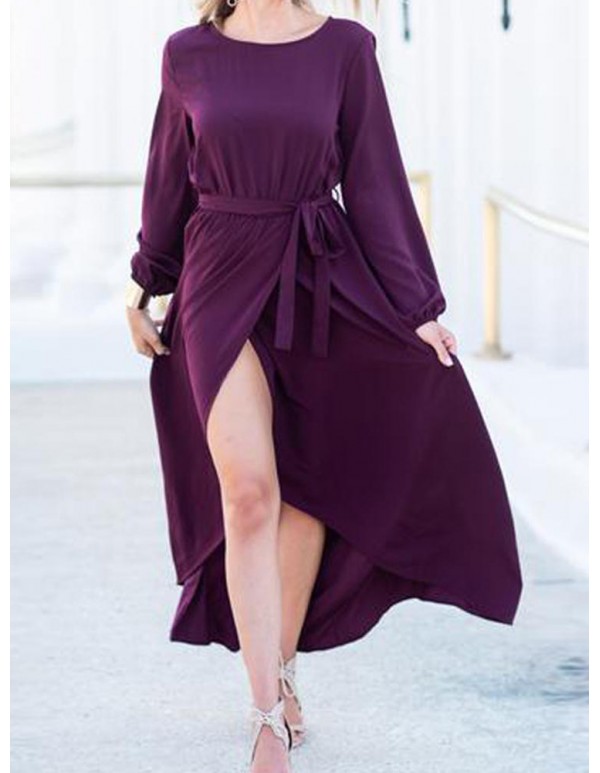 Elegant Women High Split Front Cross Irregular Hem Long Sleeve Dress with Belt