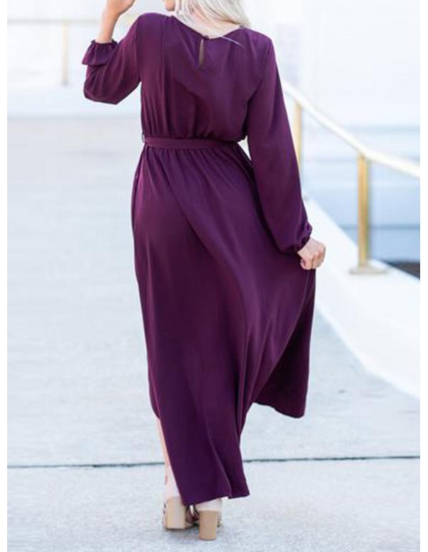 Elegant Women High Split Front Cross Irregular Hem Long Sleeve Dress with Belt